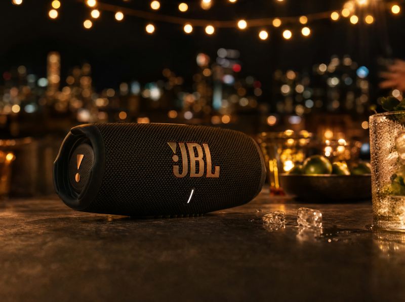 Caixa JBL Charge em mesa de festa com luzes douradas