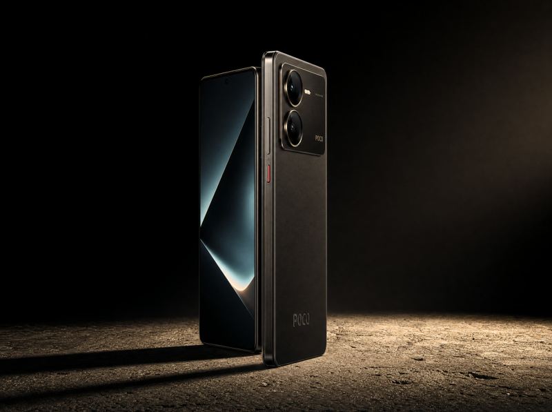 Poco X8 Pro em palco de concreto com luz dramática