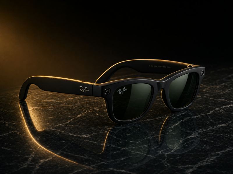 Óculos Ray-Ban Meta sobre mármore escuro com luz dourada