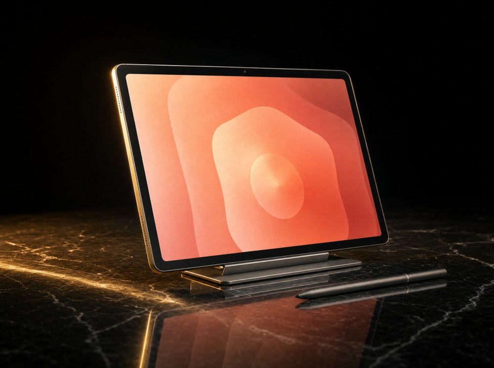 Samsung Galaxy Tab S em mesa escura com brilho aurora